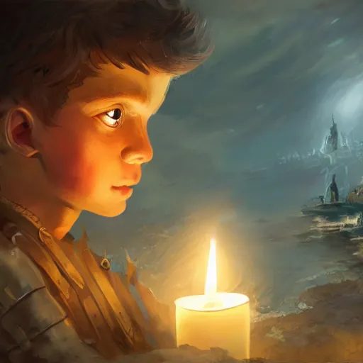 Prompt: concept art of a young swashbuckler holding a candle discovering a sunken city, highly detailed, digital art, illustration, artstation, very detailed, 4 k