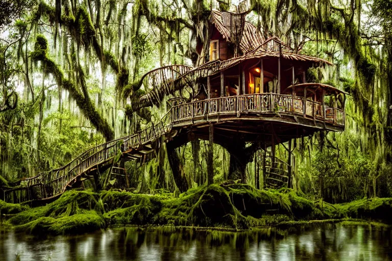 Image similar to an elaborate whimsical treehouse built over a mossy bayou at twilight, lit by lanterns, moody lighting, hyperdetailed photograph