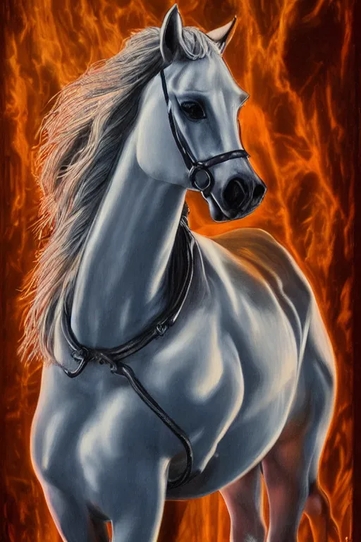 Image similar to Detailed picture of Amanda Seyfried riding a white horse, strong neon lighting, by glenn fabry, hyper realistic, HD, oil on canvas