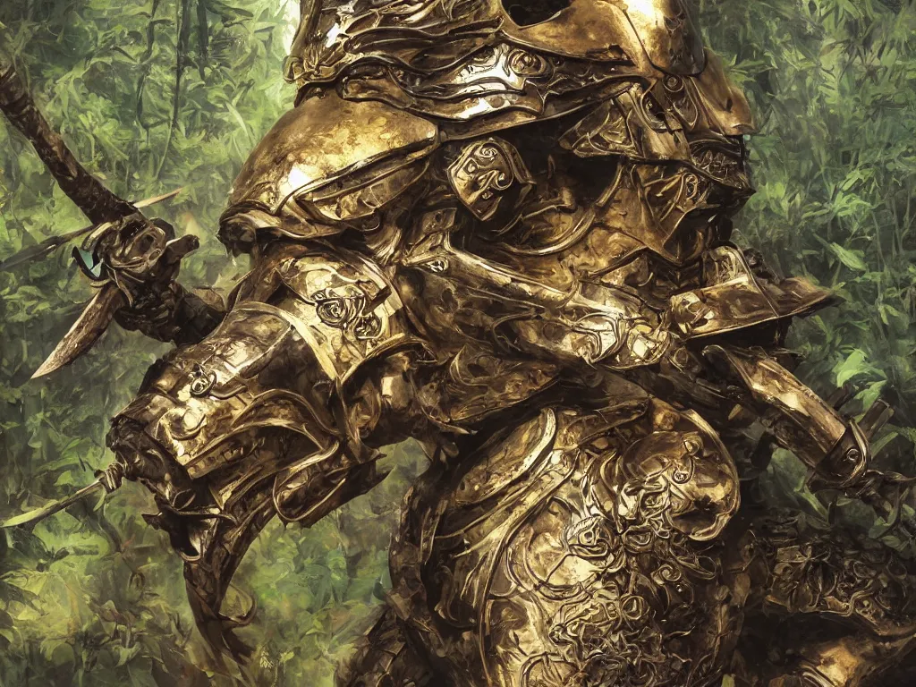 Image similar to close up of a samurai in armor resembling dragon skin and a helmet resembling a dragon head, in a dark bamboo forest, by huang guangjian and gil elvgren, sachin teng, greg manchess