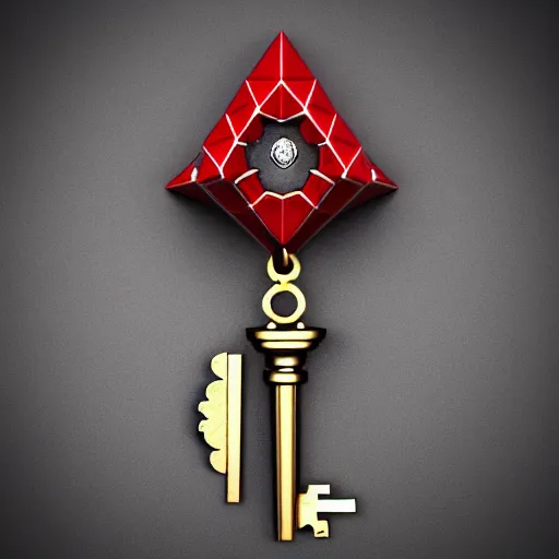 Image similar to a 3d game object of the metal key for the cage that has shape of the dragon and large red diamond in it, it is very detailed, on the white background, rpg game inventory item