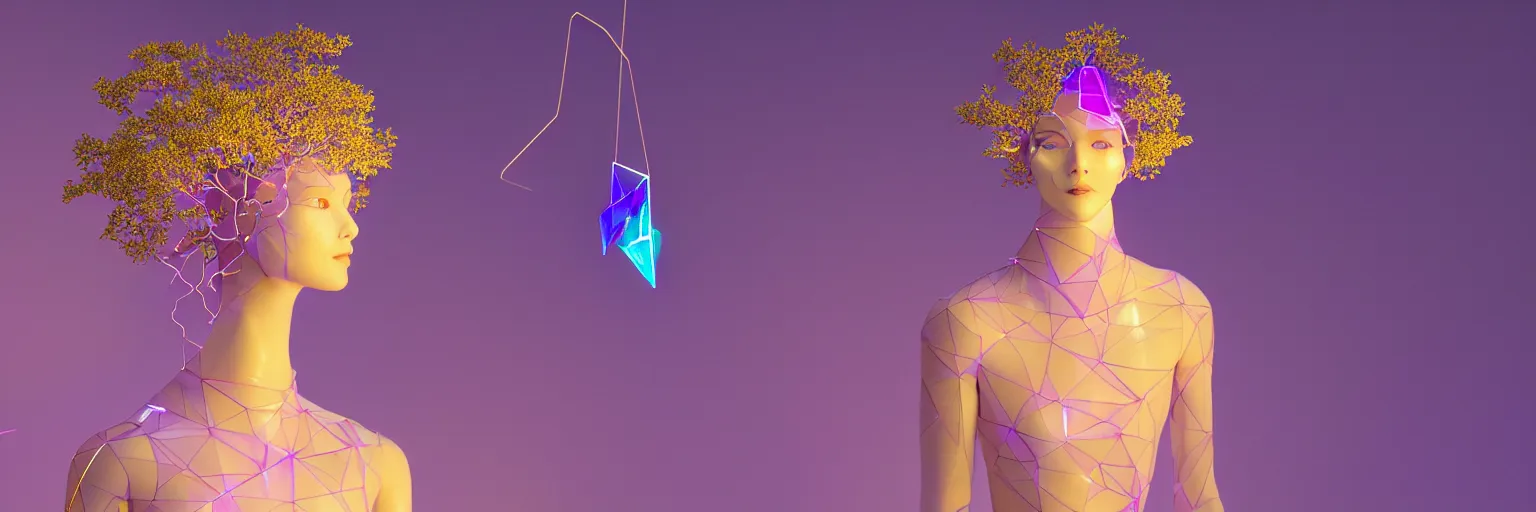 Prompt: beautiful mannequin sculpted out of amethyst by billelis + lit with geometric neon dripping gold + kintsugi, facing a doorway opening with neon pink geometric fractal light + flowering bonsai trees + lighting in background!!, clean linework, dramatic, finely detailed, award winning, 4 k, trending on artstation, photorealistic, volumetric lighting, octane render