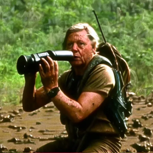 Image similar to cinematic still of sir david attenborough, covered in mud and watching a magnificent predator in the distance with a binocular in 1 9 8 7 movie predator hd, 4 k