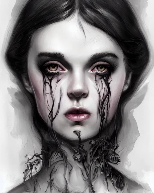 Prompt: portrait of demon girl by martine johanna, dreamy and ethereal, expressive pose, big black eyes, exciting expression, fantasy, intricate, elegant, dark and moody smoke, highly detailed, digital painting, artstation, concept art, smooth, sharp focus, illustration, black flowing ink, blackened eyes