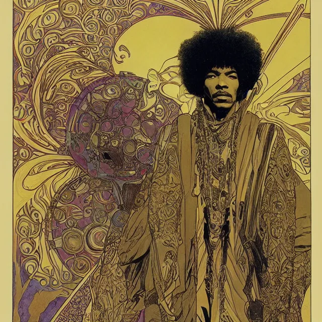 Prompt: artwork by Franklin Booth and Alphonse Mucha and Moebius showing a portrait of Jimi Hendrix as a futuristic space shaman, futuristic electric guitar