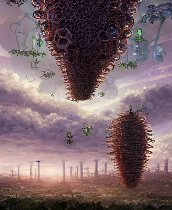 Image similar to a giant weird industrial plant hive made out of isopod wasp octopus, in the style of a strange exotic spaceship, overgrown with disturbing orchids, godbeams, partly cloudy, somber, dramatic lighting, by dan mumford, yusuke murata, makoto shinkai, ross tran, cinematic, unreal engine, cel shaded, featured on artstation, pixiv