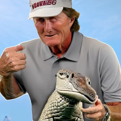 Image similar to Steve Spurrier dancing with an alligator, high detail, photo realistic, rendered 8k