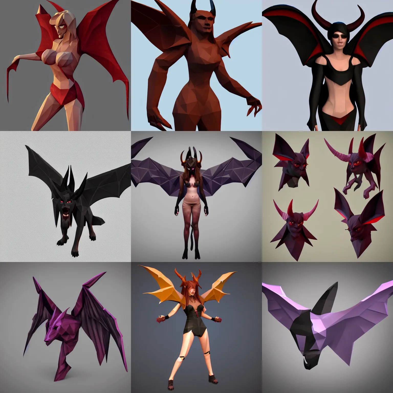 Prompt: low poly render of an attractive looking female demon, canines, horns, bat wings, deviantart