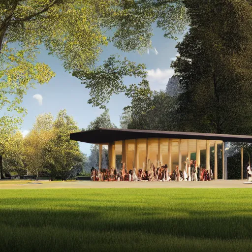 Image similar to a contemporary pavilion on the lawn, nordic design style, peter zumthor, low and lush trees, sunny, lots of people, photorealistic, 4 k, highly detailed, digital painting, artstation