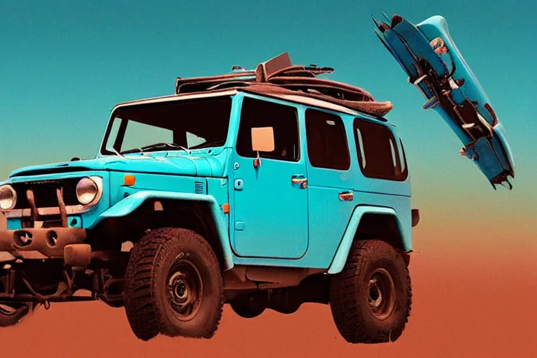 Image similar to digital illustration of a faded cyan mad max's fj 4 0 decrepit!!!! pursuit special, rusty!!! nissan fj cruiser heavily modded 1 9 9 0 s, the last v 8 interceptor by makoto shinkai, ilya kuvshinov, lois van baarle, rossdraws, basquiat