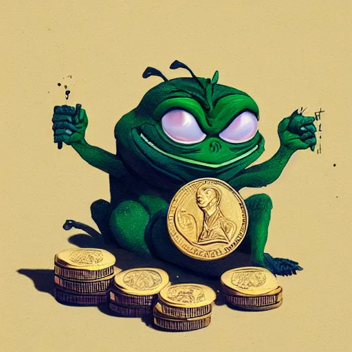 Image similar to super rich happy pepe, luxury, treasury, coins, money, hyper detalied, blue crystals, greg rutkowski, artstation