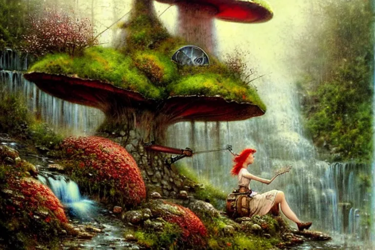 Image similar to adventurer ( ( ( ( ( 1 9 5 0 s retro future steam turbine and mill in forrest of giant mushrooms, moss and flowers stone bridge waterfall. muted colors. ) ) ) ) ) by jean baptiste monge!!!!!!!!!!!!!!!!!!!!!!!!! chrome red