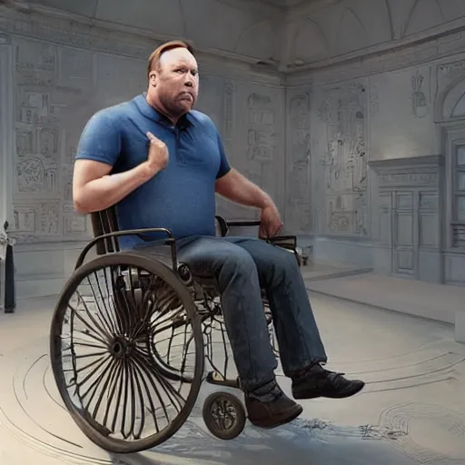 Image similar to hyperrealistic mixed media image of info wars alex jones in a wheelchair at a museum, stunning 3 d render inspired art by xiang duan and thomas eakes and greg rutkowski, perfect facial symmetry, hyper realistic texture, realistic, highly detailed attributes and atmosphere, dim volumetric cinematic lighting, 8 k octane detailed render, post - processing, masterpiece,