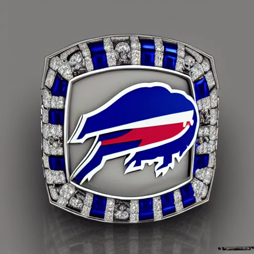 Prompt: Buffalo Bills championship ring, diamonds, sapphires, smooth lighthing, ultradetailed, 4k, trending on artstation, devianart and cgsociety, concept art