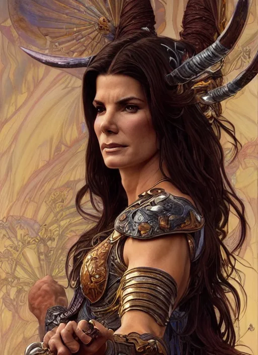 Image similar to Sandra Bullock as a beautiful warrior woman, fantasy, intricate, elegant, highly detailed, centered, digital painting, artstation, concept art, smooth, sharp focus, illustration, art by artgerm and donato giancola and alphonse mucha