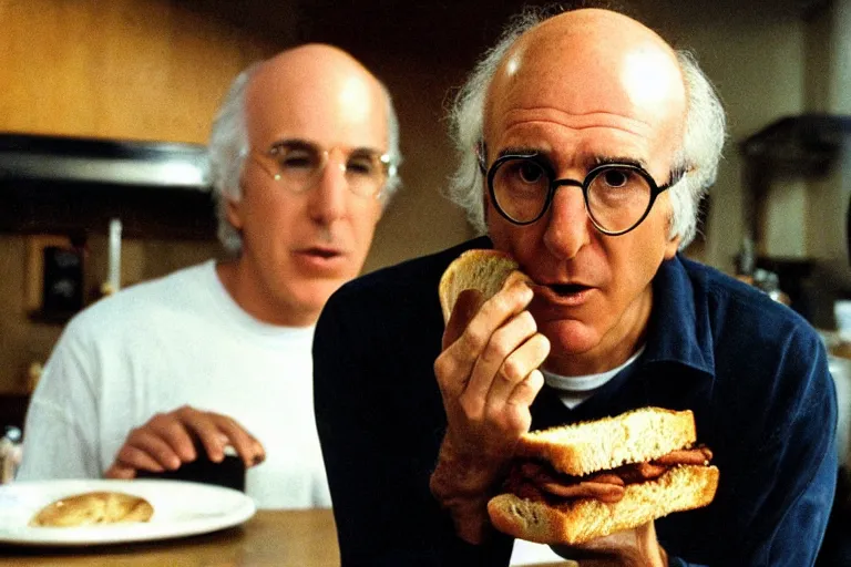 Image similar to larry david eating a sandwich, horror film still, dark atmosphere, found footage, nightmare, unsettling, cinematic