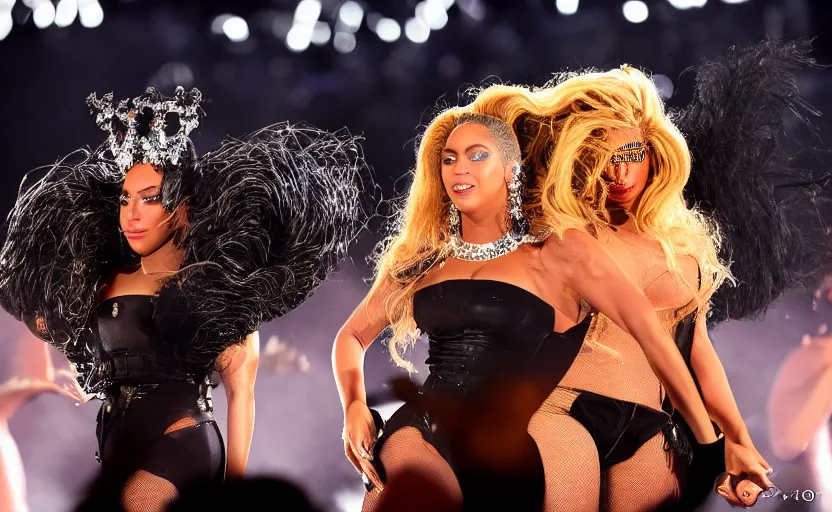 Image similar to Lady gaga and Beyonce perfom together at a concert, EOS 5D, ISO100, f/8, 1/125, 84mm, RAW Dual Pixel, Dolby Vision, HDR, AP, Featured