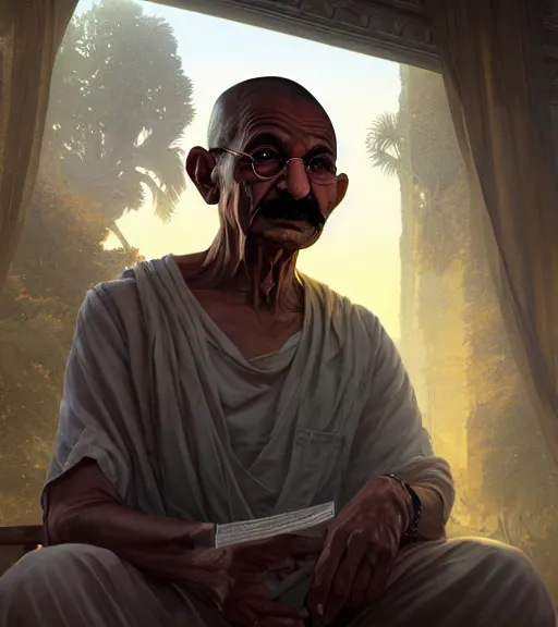 Image similar to Highly detailed portrait of Gandhi, in GTA V, Stephen Bliss, unreal engine, fantasy art by Greg Rutkowski, Loish, Rhads, ferdinand knab, Makoto Shinkai and Lois van baarle, ilya kuvshinov, rossdraws, Tom Bagshaw, global illumination, radiant light, detailed and intricate environment