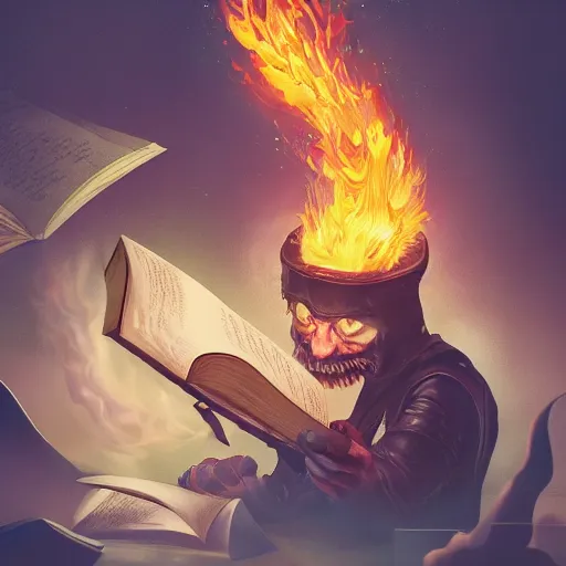 Image similar to digital artwork of angry reader using a flametorch against a book, action, intense, hyperdetailed, artstation, cgsociety, 8k