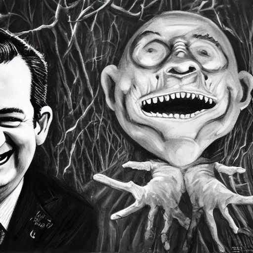 Prompt: Ted Cruz with a wide grin chases you through a dark forest, black and white, creepy lighting, scary, horror, ornate, eerie, fear, oil painting