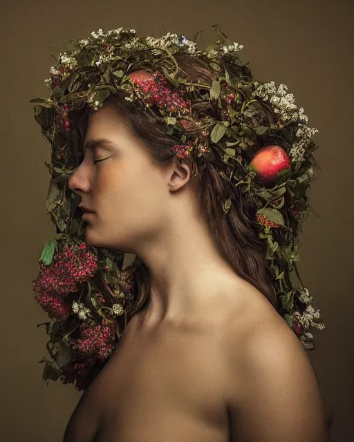 Prompt: a woman's face in profile, long hair made of flowers and vines and fruit, in the style of the Dutch masters and Gregory Crewdson, dark and moody