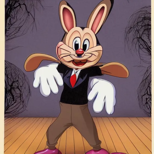 Prompt: A extremely highly detailed majestic hi-res beautiful, highly detailed portrait of a scary terrifying creepy cartoon rabbit standing up wearing pants and a shirt in the style of 1960's Walt Disney animation