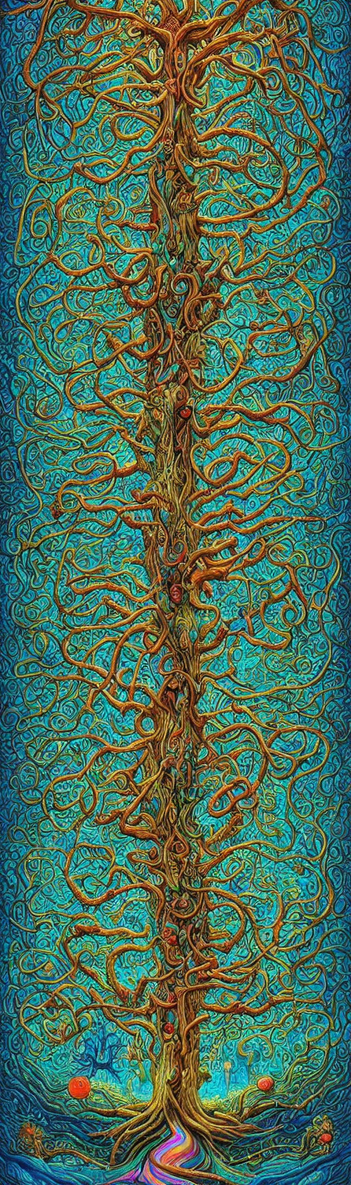 Prompt: the tree of life by james jean, by jacek yerka, bioluminescence, rainbow, lovecraftian, masterpiece, cosmic horror, poster art, clear focus, cinematic lighting, hyper detailed