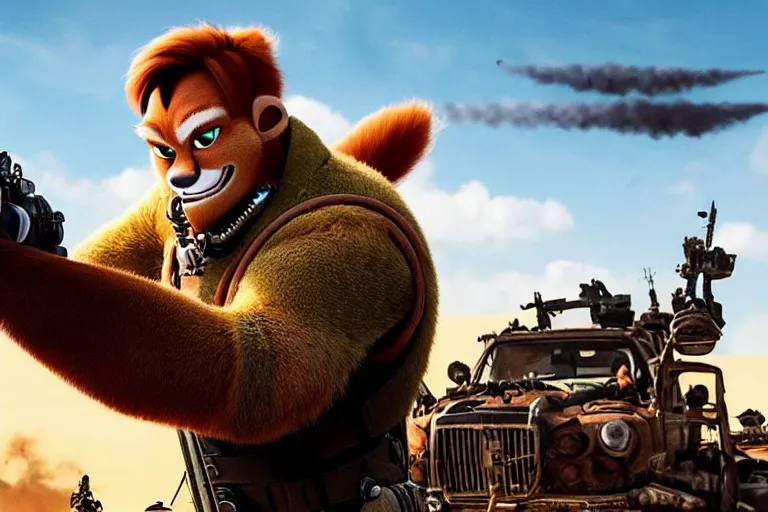 Image similar to nick wilde, heavily armed and armored facing down armageddon in a dark and gritty reboot from the makers of mad max : fury road