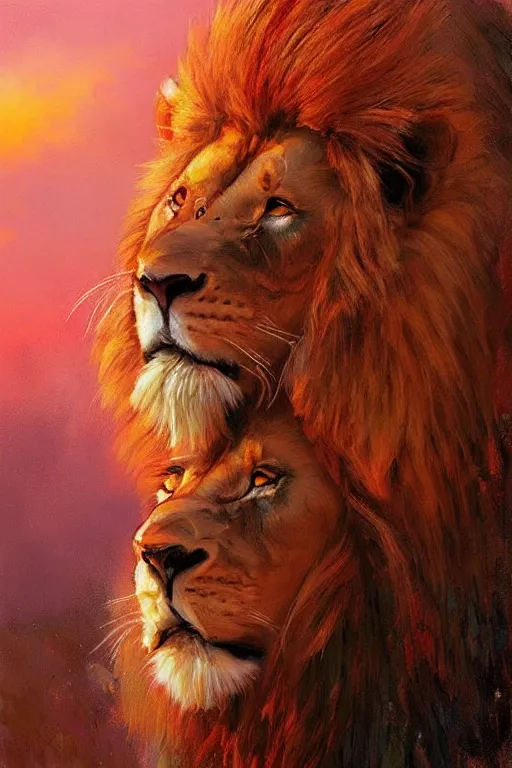 Image similar to spiritual twin flame lion art, pink sunset hue, highly detailed, oil painting hue, by craig mullins