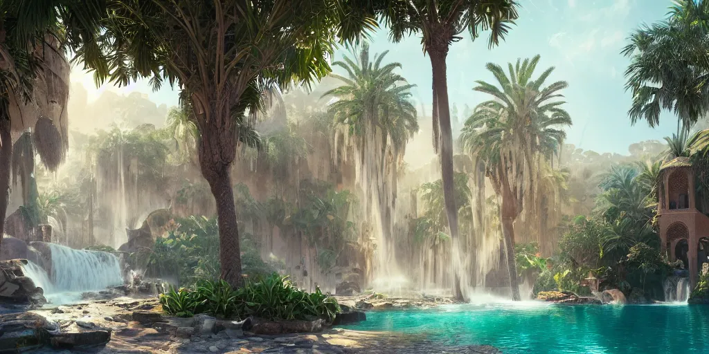 Image similar to beautiful oasis waterfalls surrounded by palm trees, moroccan tile archways, date trees, ivory towers, sun setting, ross tran, nephilim, pyroclastic flow, ethereal, fantasy, james jean, oozium, peter morbacher angelarium alchemy luxury heavenly light soft illumination, trending on artstation, cinematic lighting, digital painting, octane render, artgerm