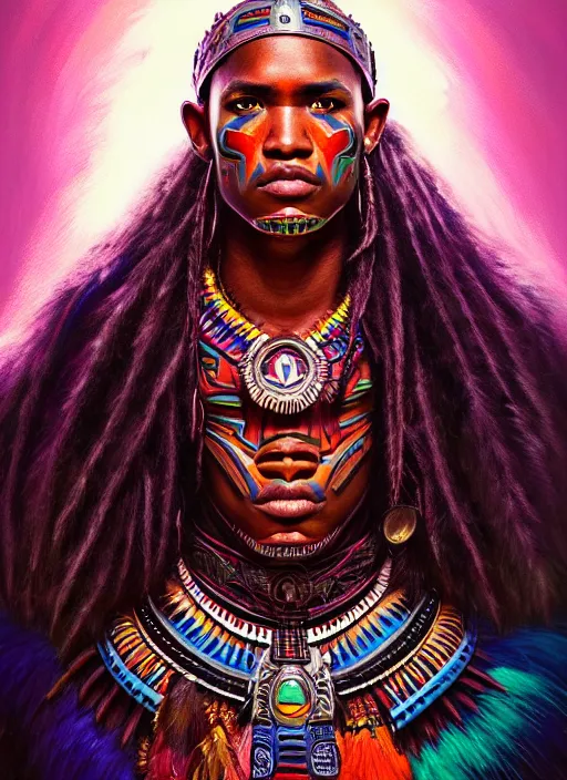 Image similar to portrait of jessie usher, hyper detailed ultra sharp aztec shaman warrior. trending on artstation, warpaint aesthetic, bloodwave, colorful, psychedelic, ornate, intricate, digital painting, concept art, smooth, sharp focus, illustration, art by artgerm and greg rutkowski and h. r. giger, 8 k