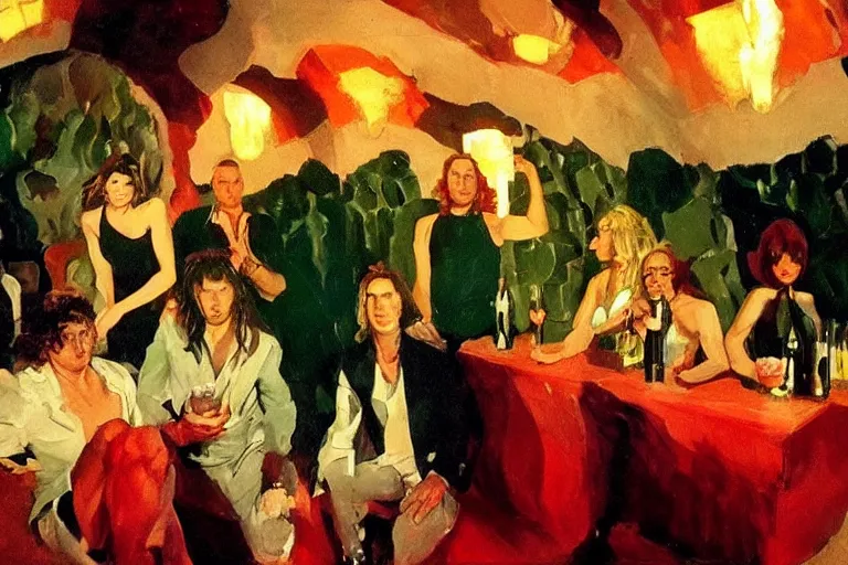 Image similar to cinematic scene, glam rockers drinking brutal and raw wine, inside a green cave with red lights by roger deakins, joaquin sorolla, phil hale, extremely detailed