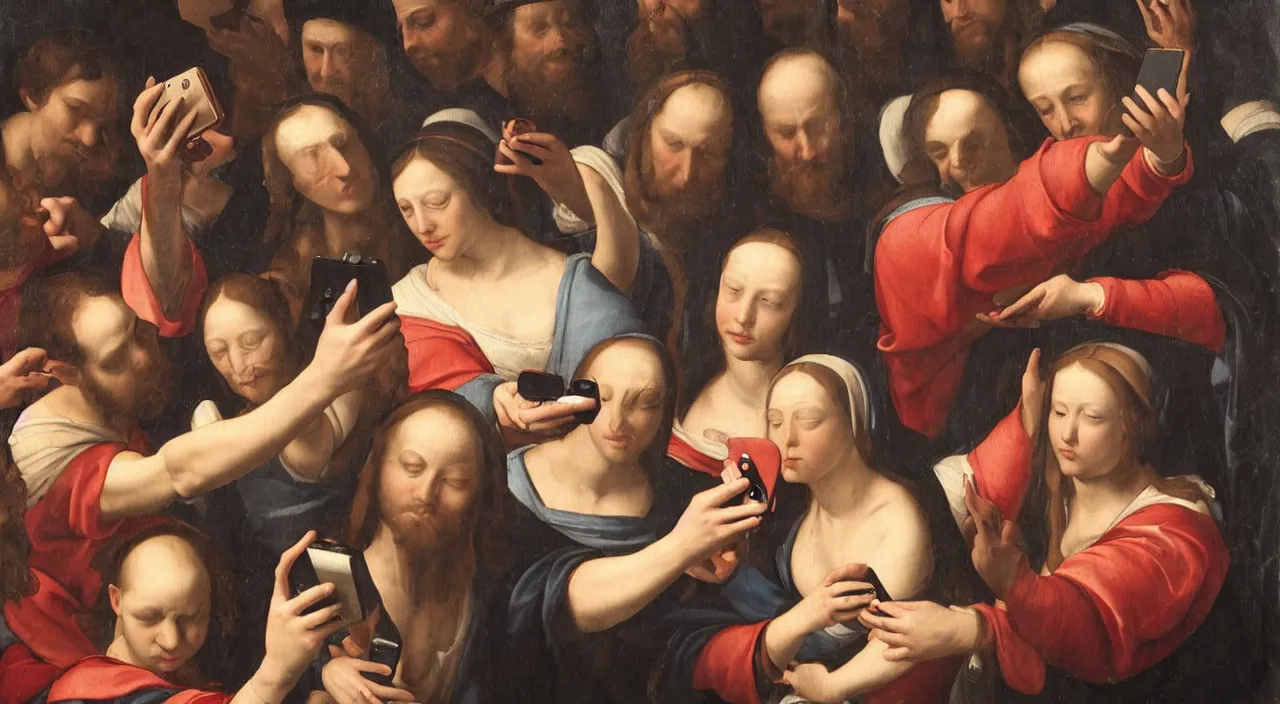 Image similar to Renaissance painting of people taking selfies with their iphone