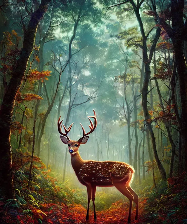 Image similar to a single realistic deer, walking through a psychedelic forest, wide angle landscape shot, pixar style by tristan eaton, artgerm and tom bagshaw