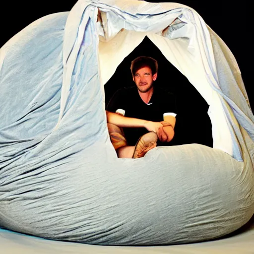 Prompt: german couchpotato sits in a cocoon made of starlight