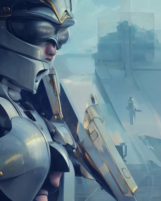 Prompt: beautiful delicate imaginative streamlined elegant futuristic close up portrait of a soldier female sitting with elegant deadly looks, mecha neon genesis evangelion armor with gold linings by ruan jia, tom bagshaw, alphonse mucha, futuristic buildings in the background, epic sky, vray render, artstation, deviantart, pinterest, 5 0 0 px models