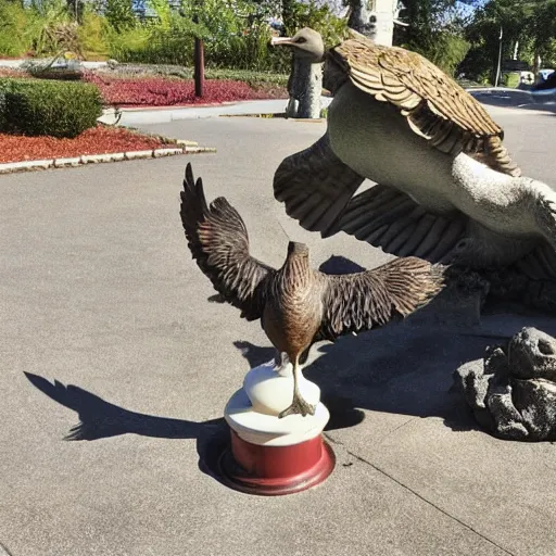 Image similar to a goose attacking a goose statue