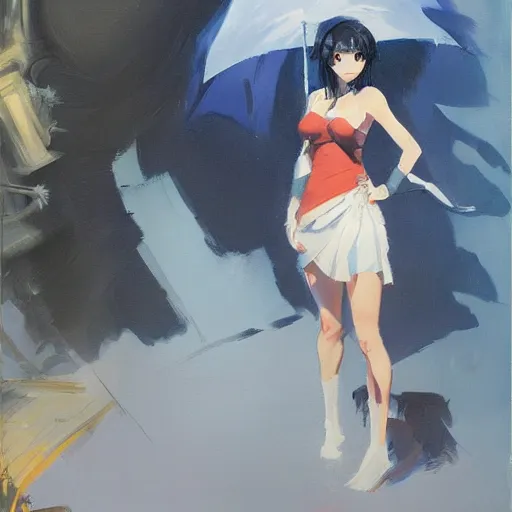 Image similar to greg manchess painting of an anime woman, direct flash photography at night, makoto shinkai