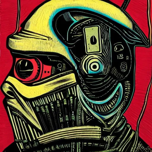 Image similar to Illustrated by Shepard Fairey and H.R. Giger | ((Cyberpunk Van Gogh with VR helmet, surrounded by cables))