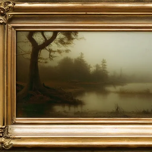 Prompt: log causeway, dangerous swamp, foggy, hudson river school painting, naturalism