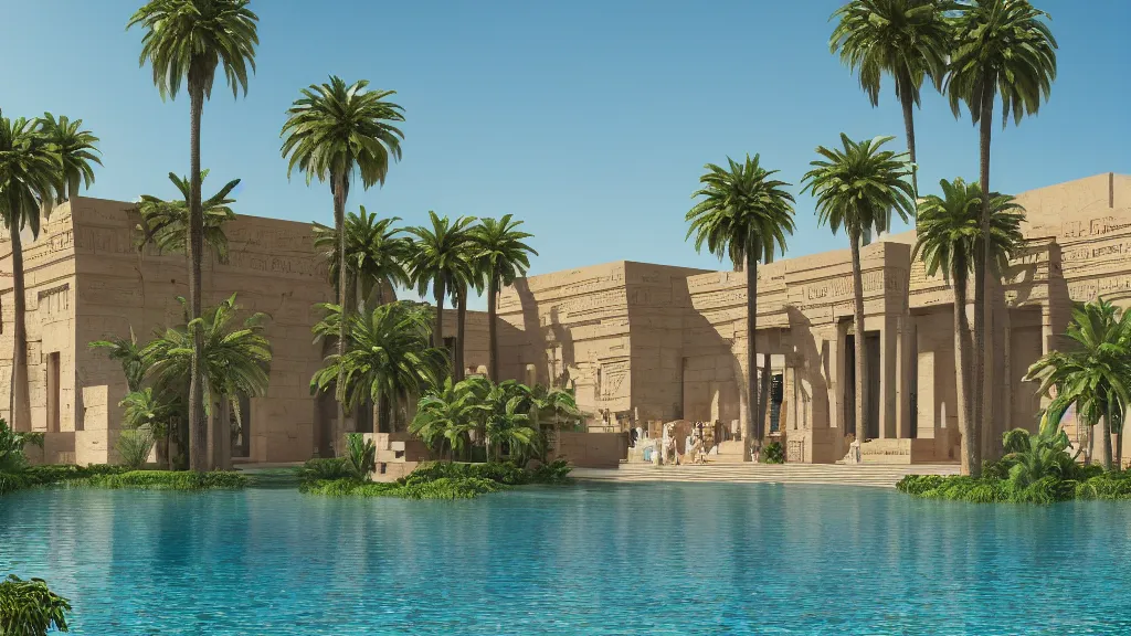 Image similar to a photograph of the front of a new egyptian palace, with a small pool in front, exterior view, close - up, mid - day, palm trees and lush vegetation, hieroglyphs on the buildings, ray - traced reflections of the buildings and trees in the water