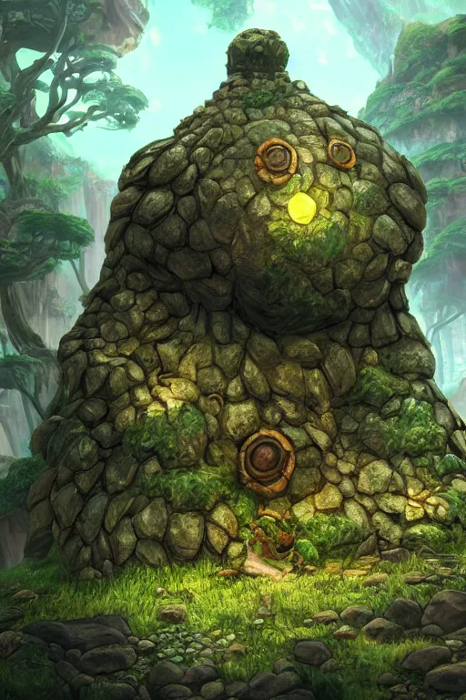 Image similar to zelda fantasy art giant golem troll wood rock greeble gemstone, global illumination ray tracing hdr fanart arstation by sung choi and eric pfeiffer and gabriel garza and casper konefal