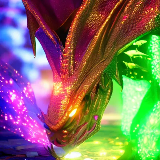 Prompt: light and colorful sparkles in shape of a dragon , octane render, cinematic, hyperrealistic, 8k, trending on artstation