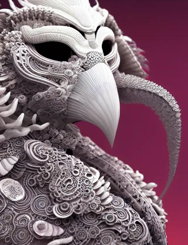 Image similar to 3 d hard surface modelling goddess close - up profile portrait with ram skull. beautiful intricately detailed japanese crow kitsune mask and clasical japanese kimono. betta fish, jellyfish phoenix, bio luminescent, plasma, ice, water, wind, creature, artwork by tooth wu and wlop and beeple and greg rutkowski