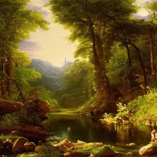 Image similar to There is a stream flowing through a peaceful forest. The sun shines through the trees, dappling the ground with light. The stream babbles gently. An oil painting by Thomas Cole