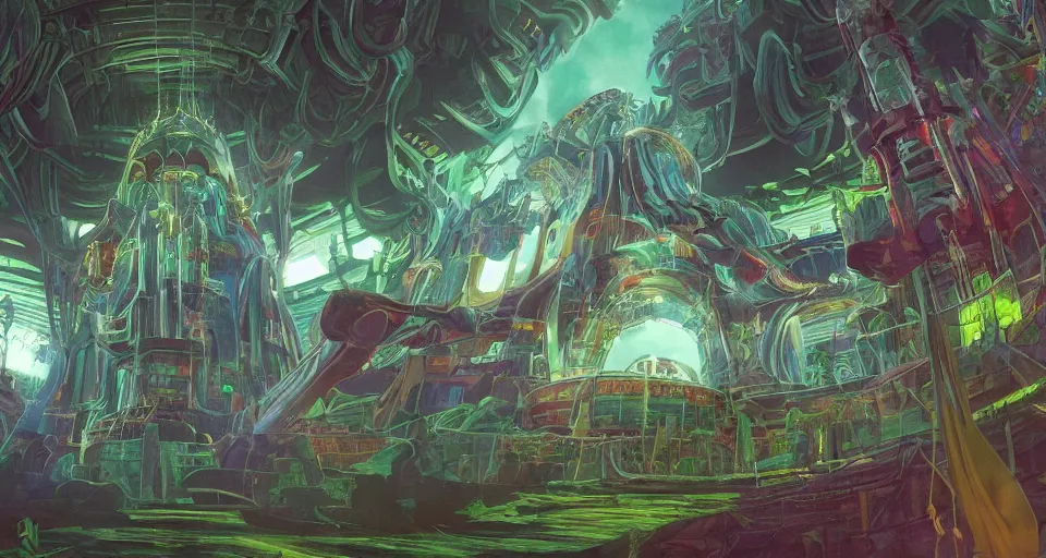 Image similar to the cyber temple in the robo-jungles, wide-angle shot, angled view, fisheye lens, , animation background painting from Thundercats (1985) and Masters of the Universe (1983), up-angle view, macabre, burtonesque, two point perspective, clean scan, artstation trending, studio ghibli, animatrix, 8k