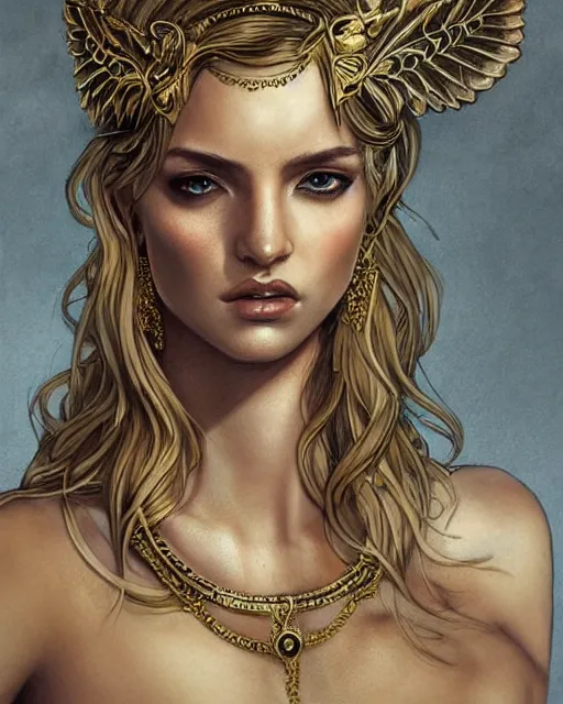 Image similar to tattoo sketch of beautiful super model aphrodite greek goddess wearing a gold laurel wreath and triangle earrings, beautiful piercing gaze with sharp pupils, beautiful blonde hair, in the style of greg rutkowski, fantasy, amazing detail, epic, elegant, smooth, sharp focus, front view