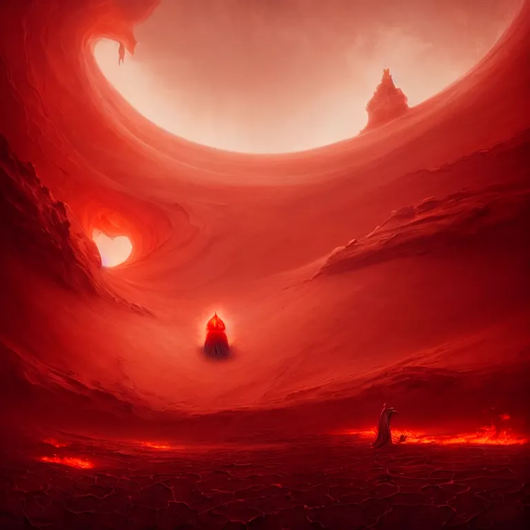 Image similar to one lone singular swirling otherworldly demonic figure shrouded in red robes emerges from extensive barren charcoal dunescape, flames, matte painting by peter mohrbacher and filip hodas, background colosseum!, godrays, high contrast, highly detailed