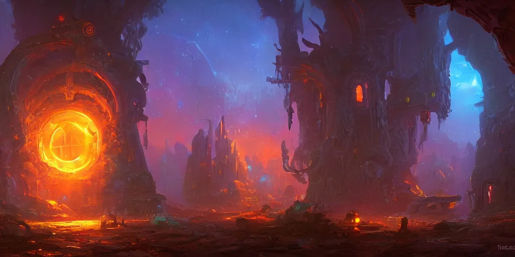 Image similar to fantasy world portal by Paul Lehr dramatic lighting, cinematic establishing shot, extremely high detail, photorealistic, cinematic lighting