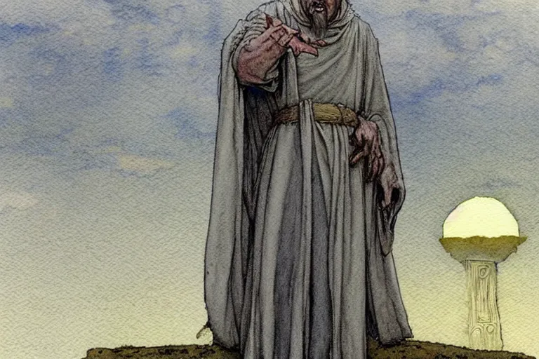 Image similar to a realistic and atmospheric watercolour fantasy concept art of one dirty medieval monk in grey robes pointing up at a ufo in the sky above stonehenge. muted colors. by rebecca guay, michael kaluta, charles vess and jean moebius giraud